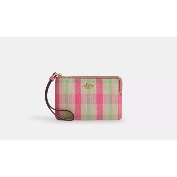 NWT Coach CBP18 Corner Zip Wristlet With Plaid IM/Pink Multi Gold Hardware - Picture 3 of 6